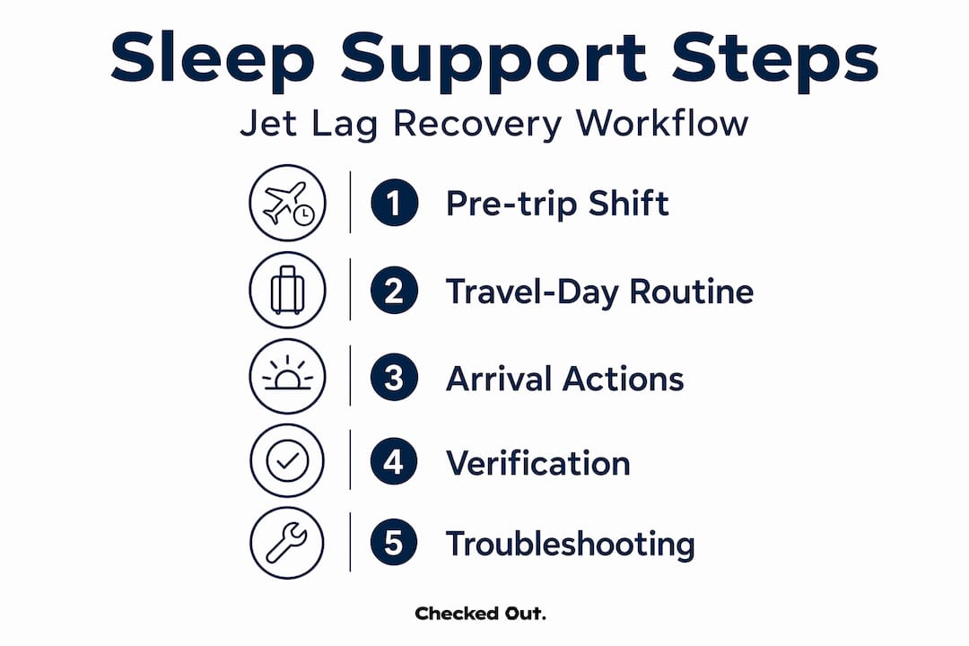 Infographic of jet lag sleep support workflow