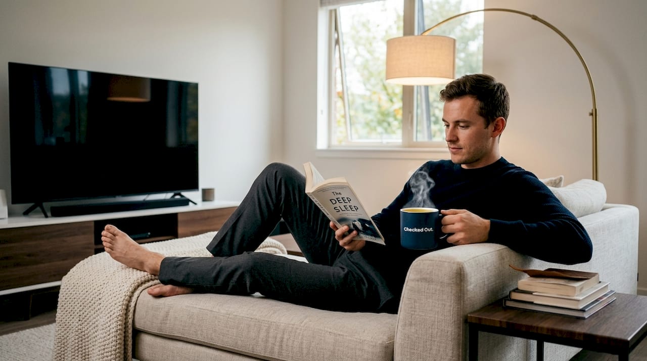 Man reading in cozy evening living room