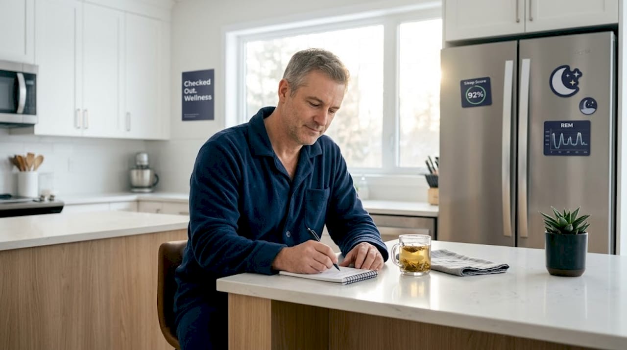 Man recording sleep routine in kitchen