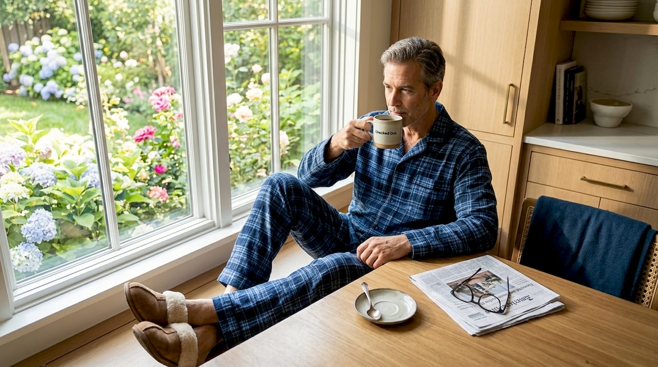 Man sipping morning tea at kitchen table