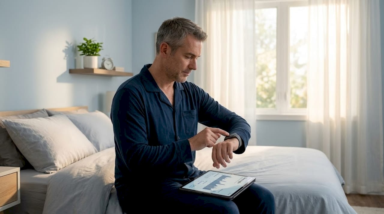 Man reviews sleep tracker with tablet at bedside