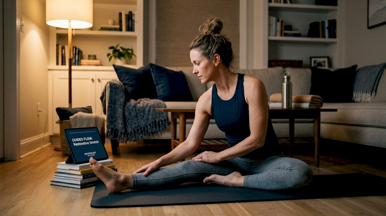 Woman stretching in living room before bed