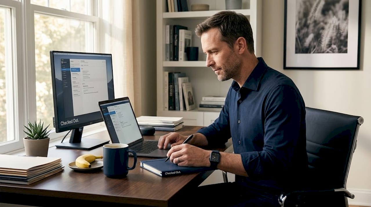 Man following morning routine at kitchen table