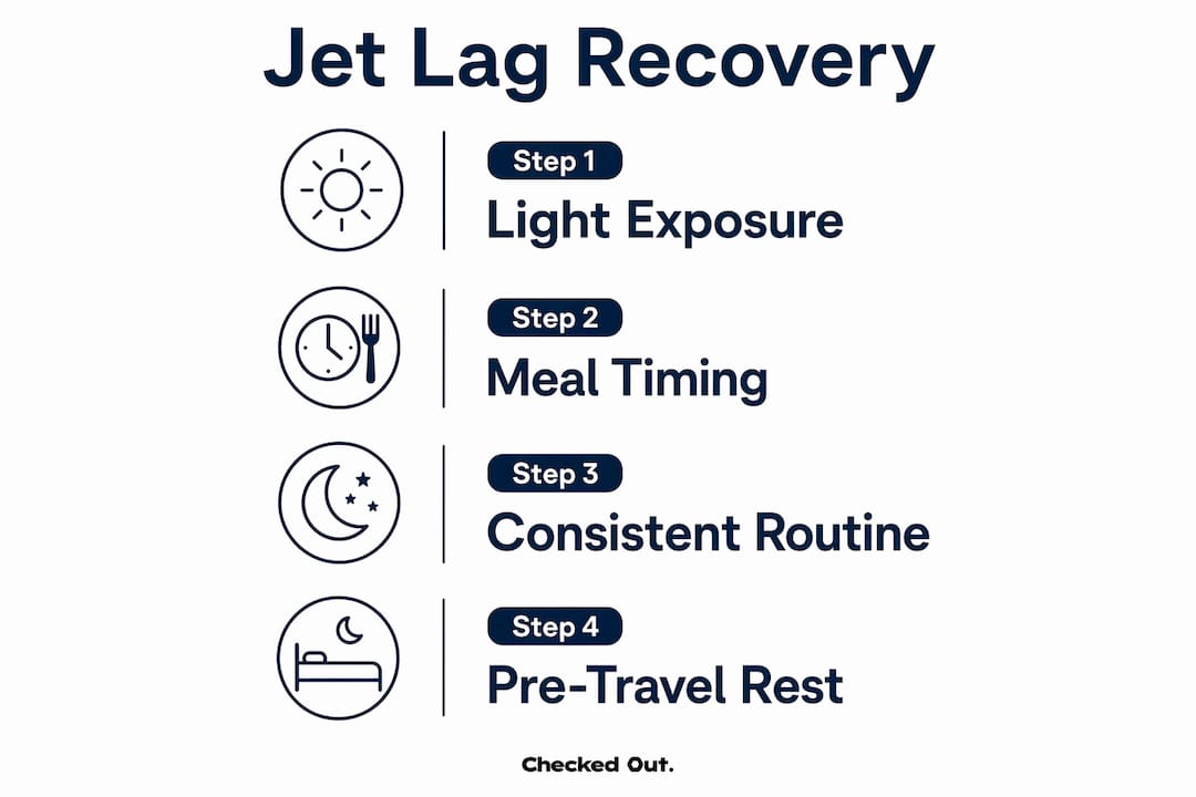 Infographic illustrating jet lag recovery steps