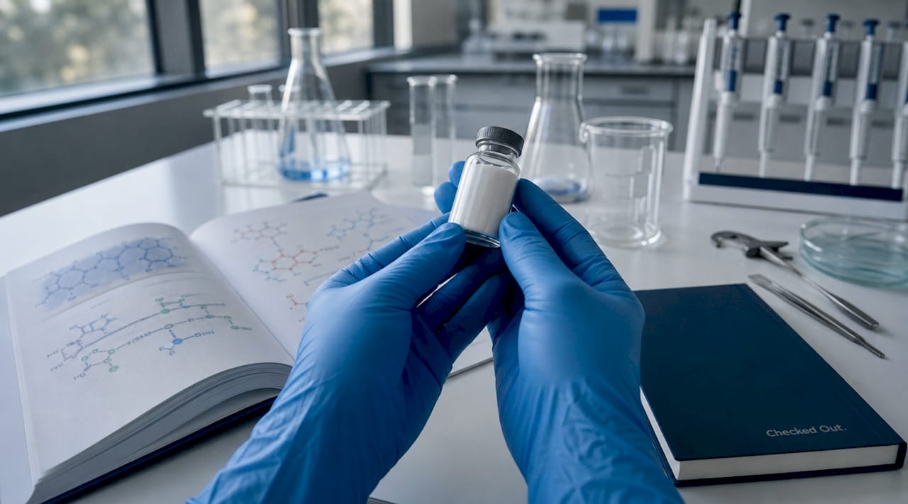 Gloved hands holding vitamin B6 bottle at lab bench