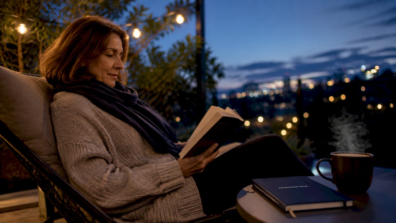 Traveler reading during pre-sleep wind-down routine