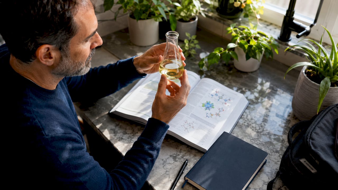 Hands holding flask with vitamin B12 solution in study