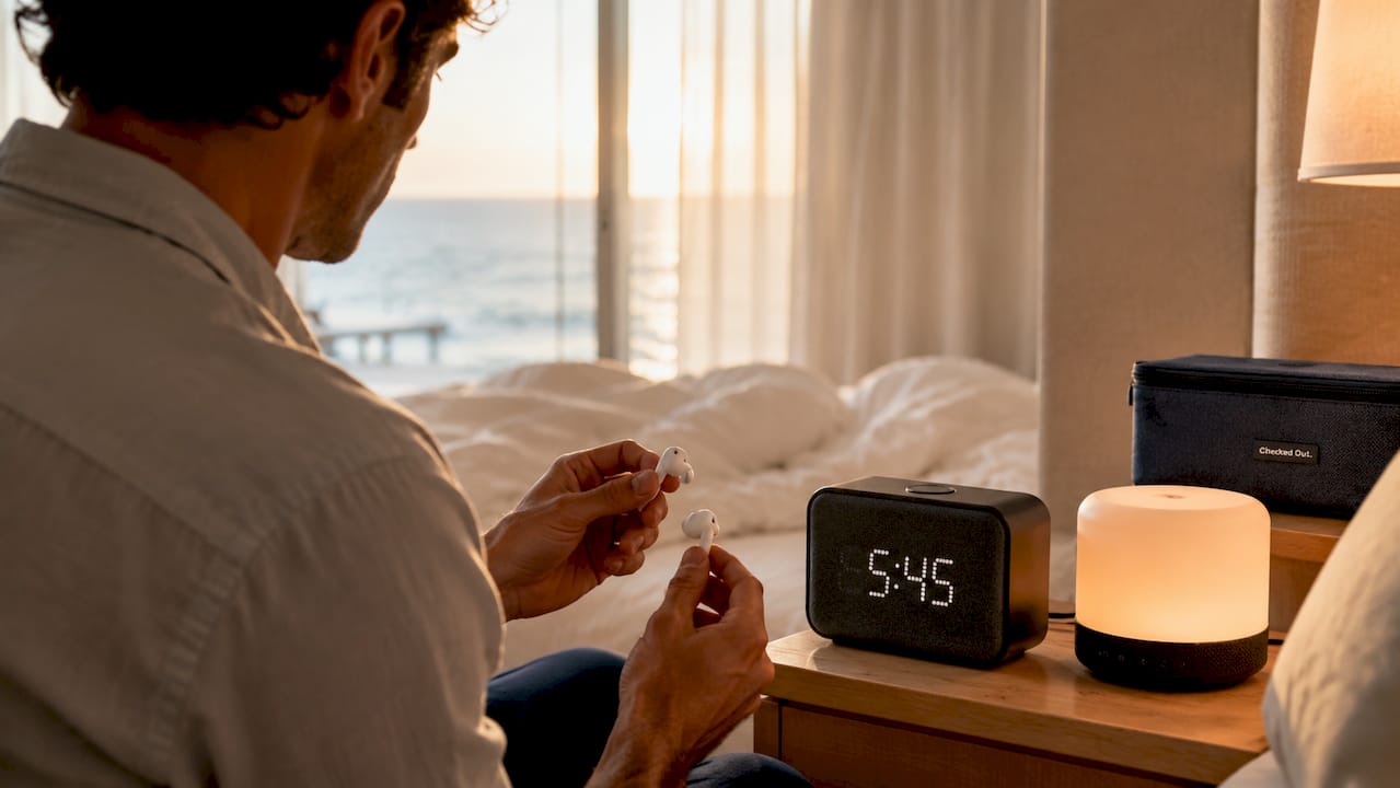 Hands holding earbuds near white noise machine
