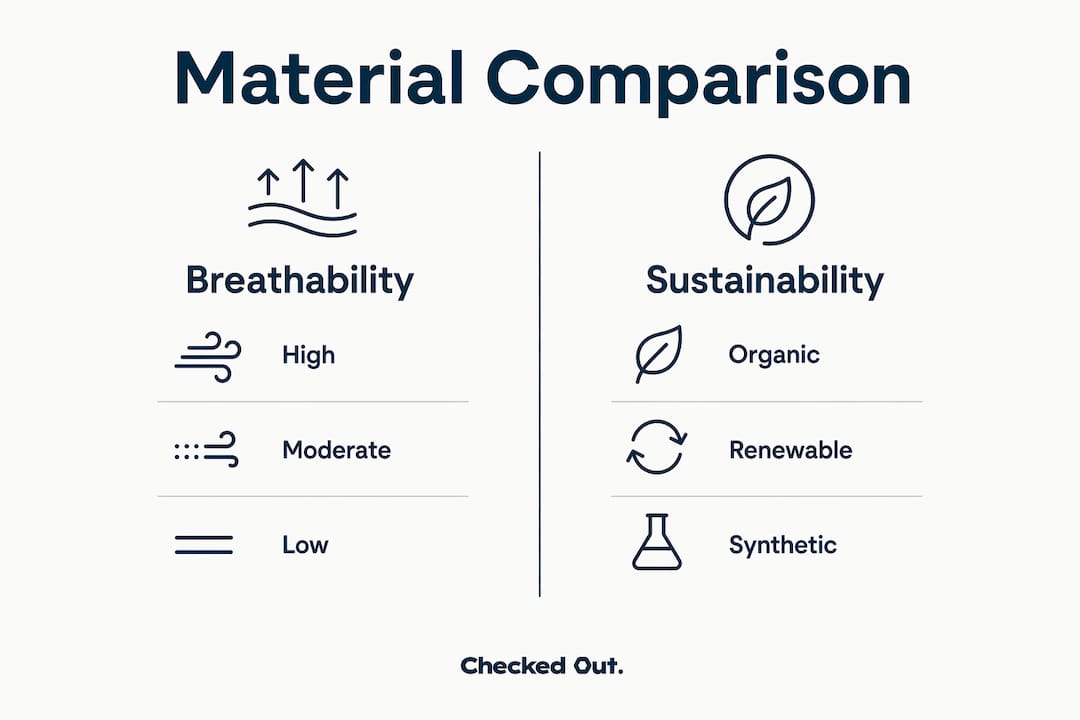 Infographic comparing breathability and sustainability of cruelty-free bedding materials