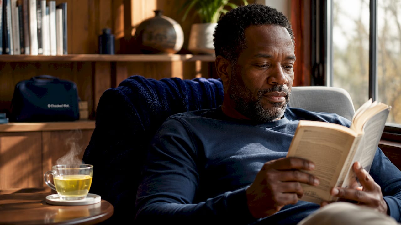 Man reading book during wind-down routine
