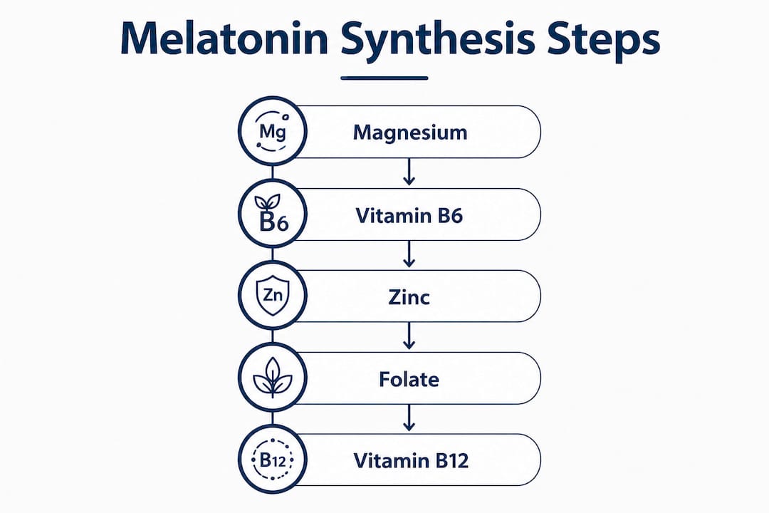 Infographic outlining melatonin synthesis cofactors in steps