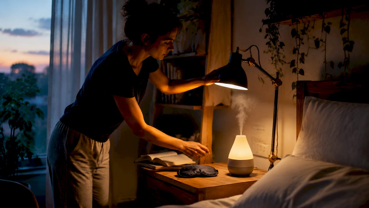 Side view of person dimming bedside bedroom lights
