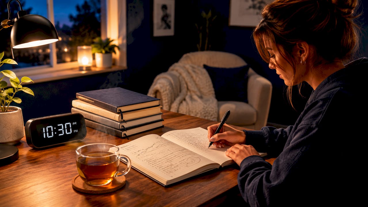 Bedside table with sleep notes and water glass