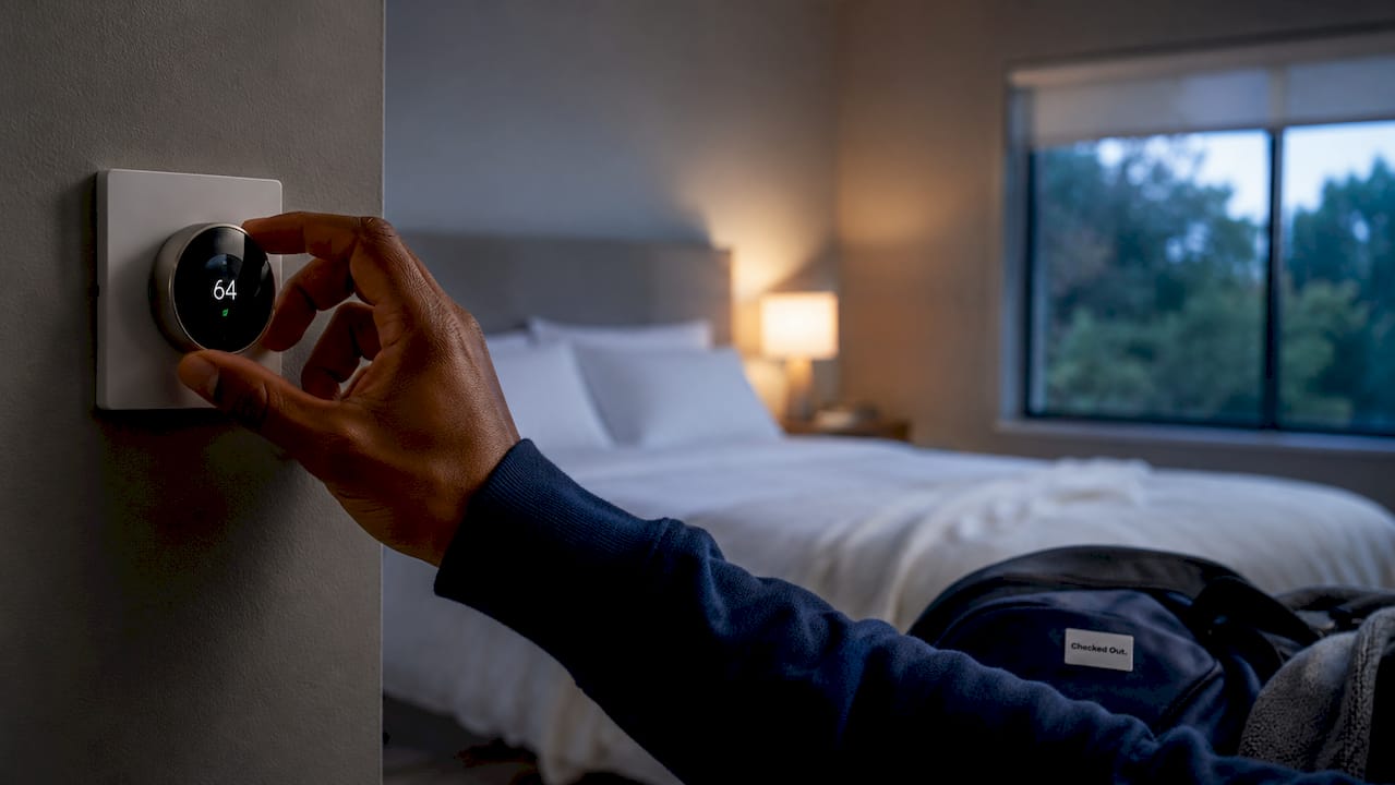 Hand adjusting thermostat in bedroom
