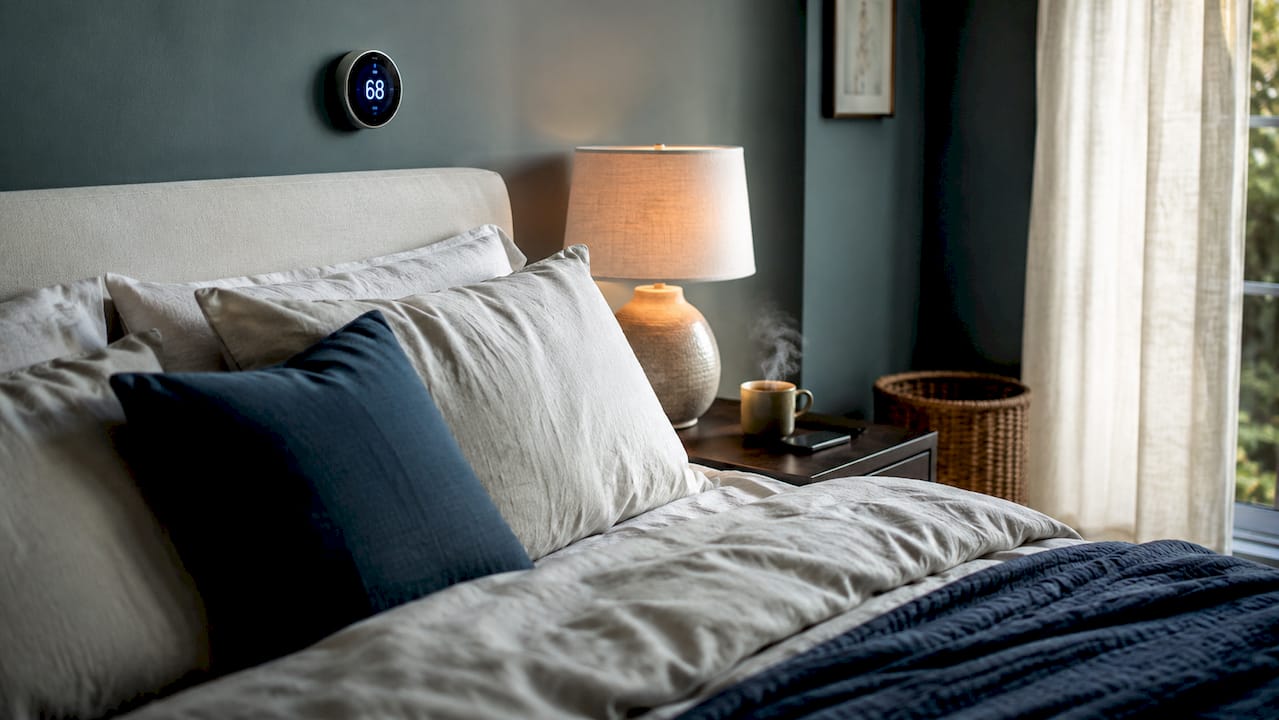 Overhead of bed with temperature control thermostat