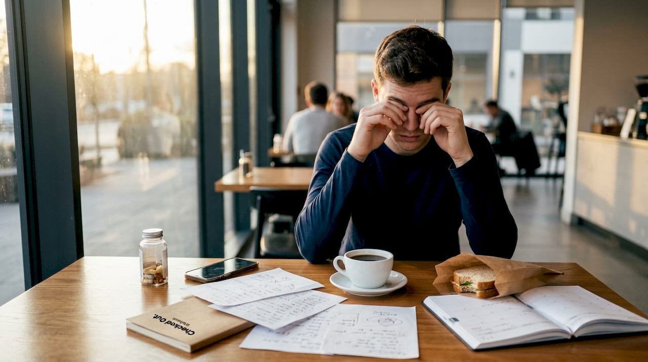 Tired man rubbing eyes at cluttered kitchen table