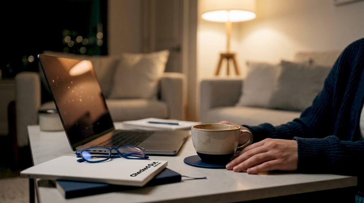 Late night coffee and laptop on desk