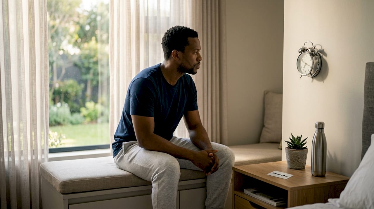 Man checking alarm clock as wakes up in bedroom