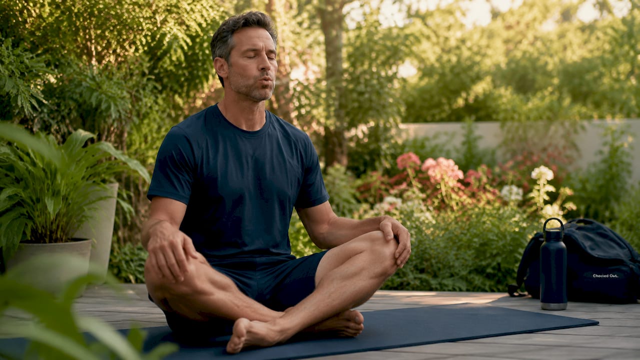 Man doing 4-7-8 breathing exercise indoors