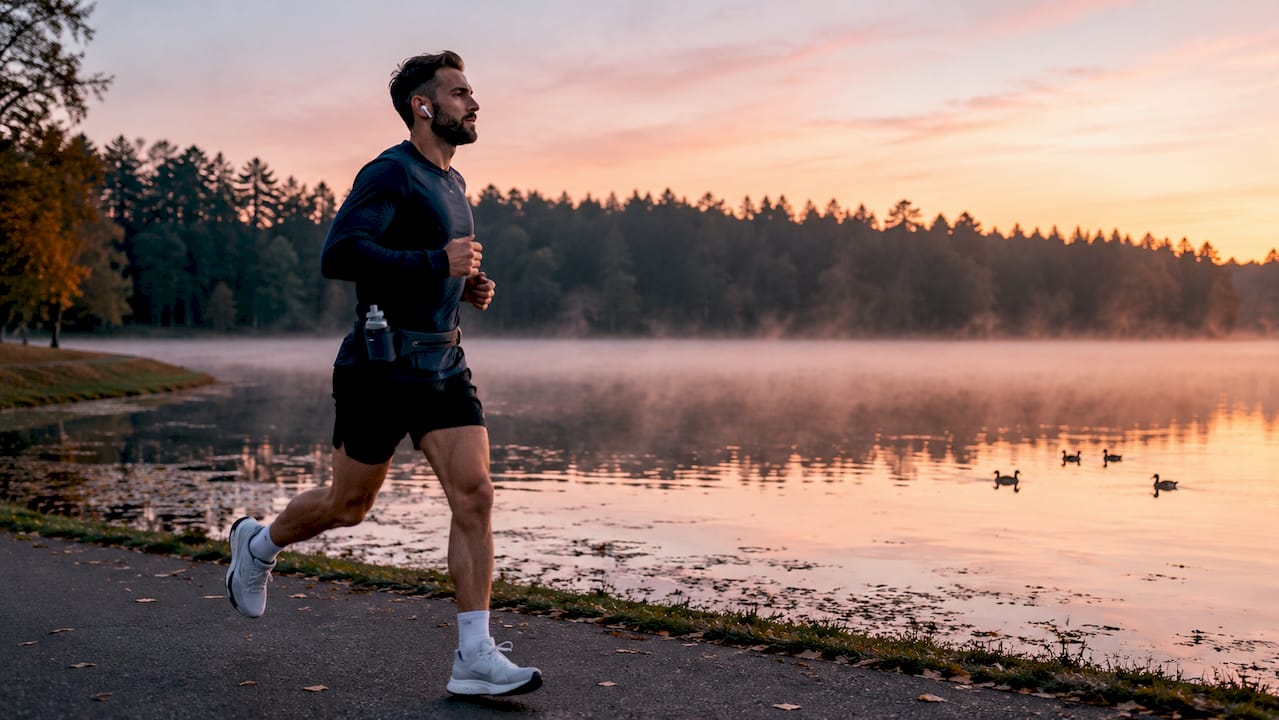 Man jogging on sunlit suburban sidewalk