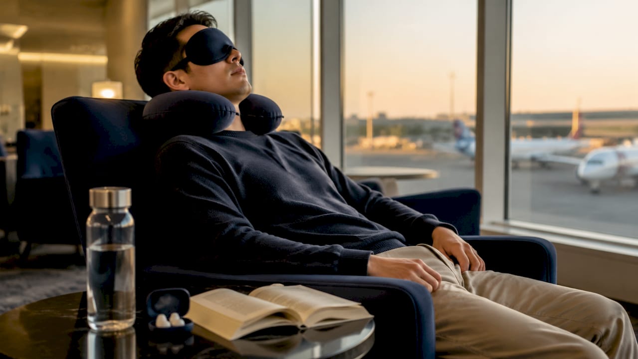 Traveler sleeping comfortably on airplane