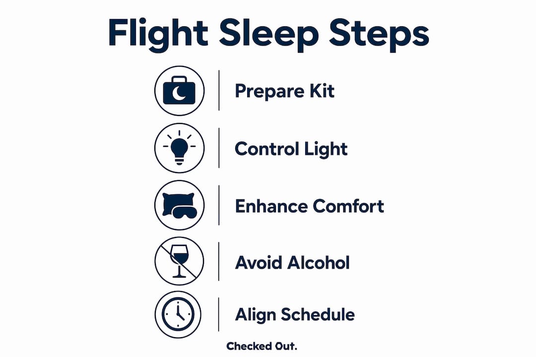 Infographic outlining steps for better sleep on flights