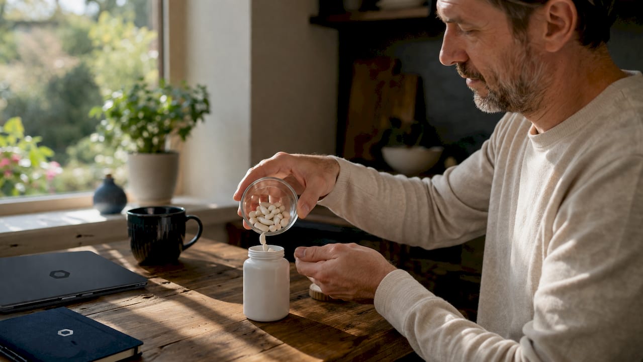 Hands holding magnesium glycinate capsules