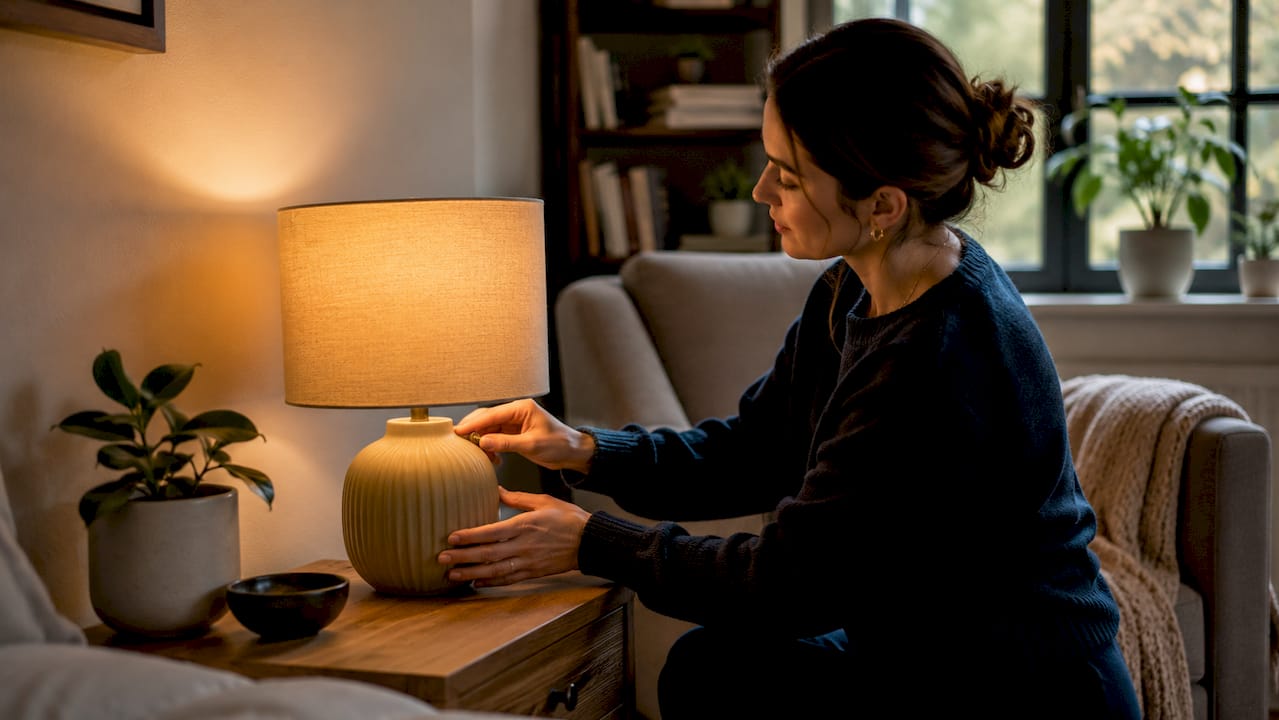 Hands adjusting warm bedside lamp switch