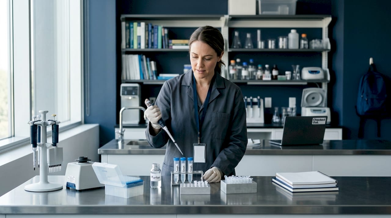 Researcher handling cortisol and inflammation test tubes