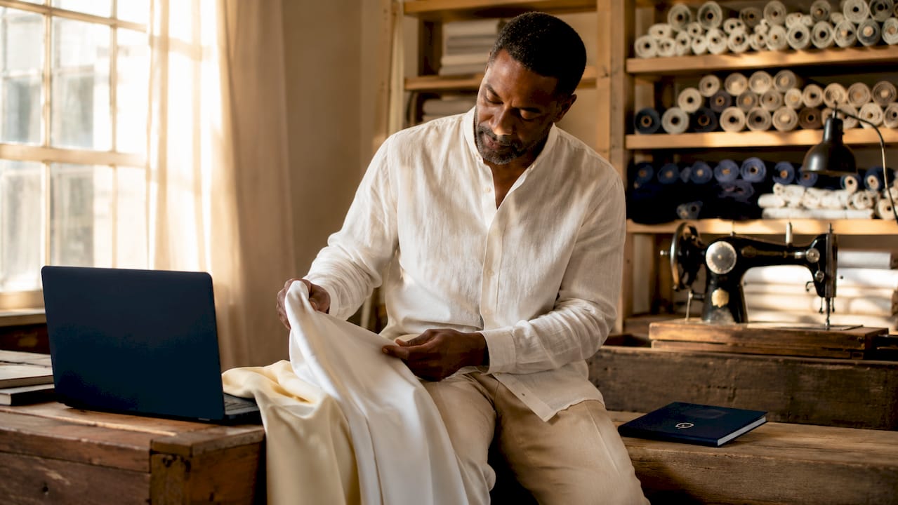 Hands examining premium bedding fabric samples