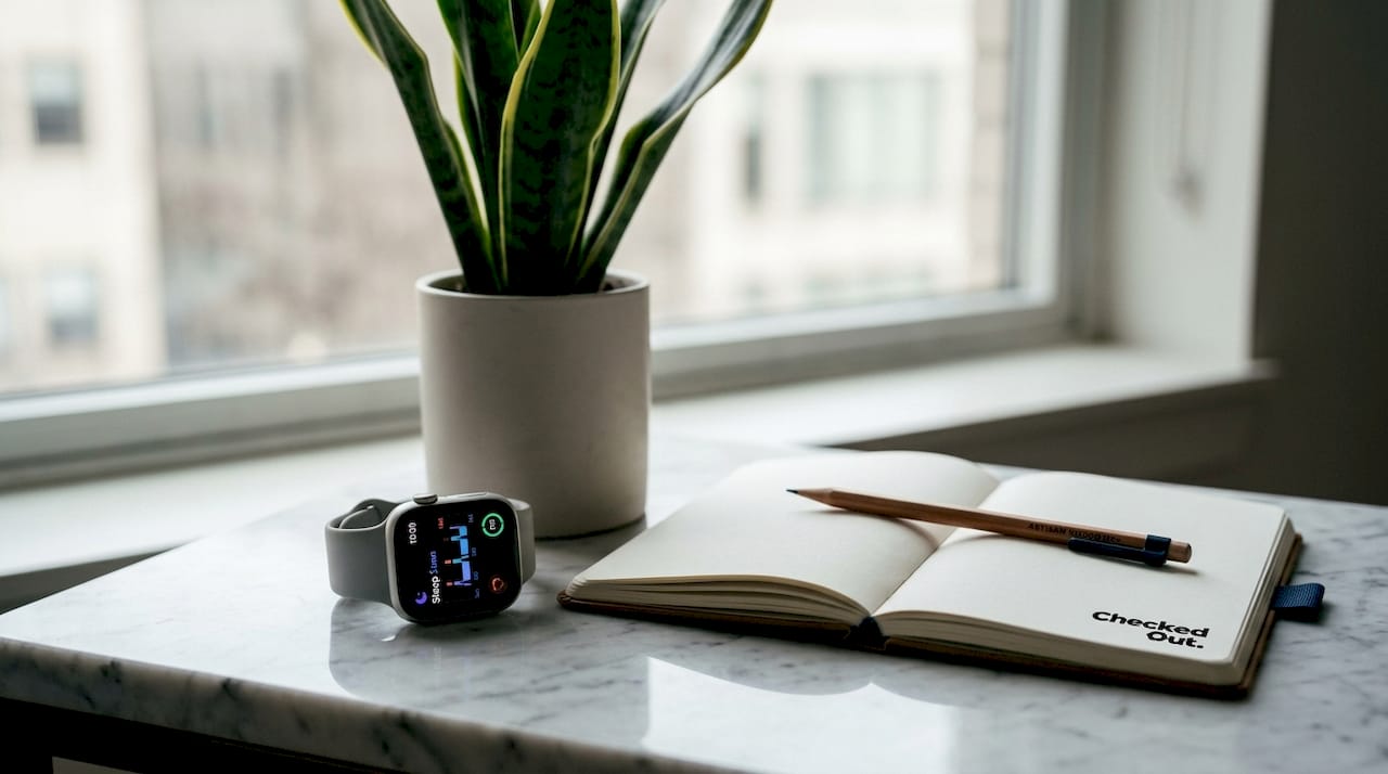 Close-up of smartwatch sleep tracker on desk