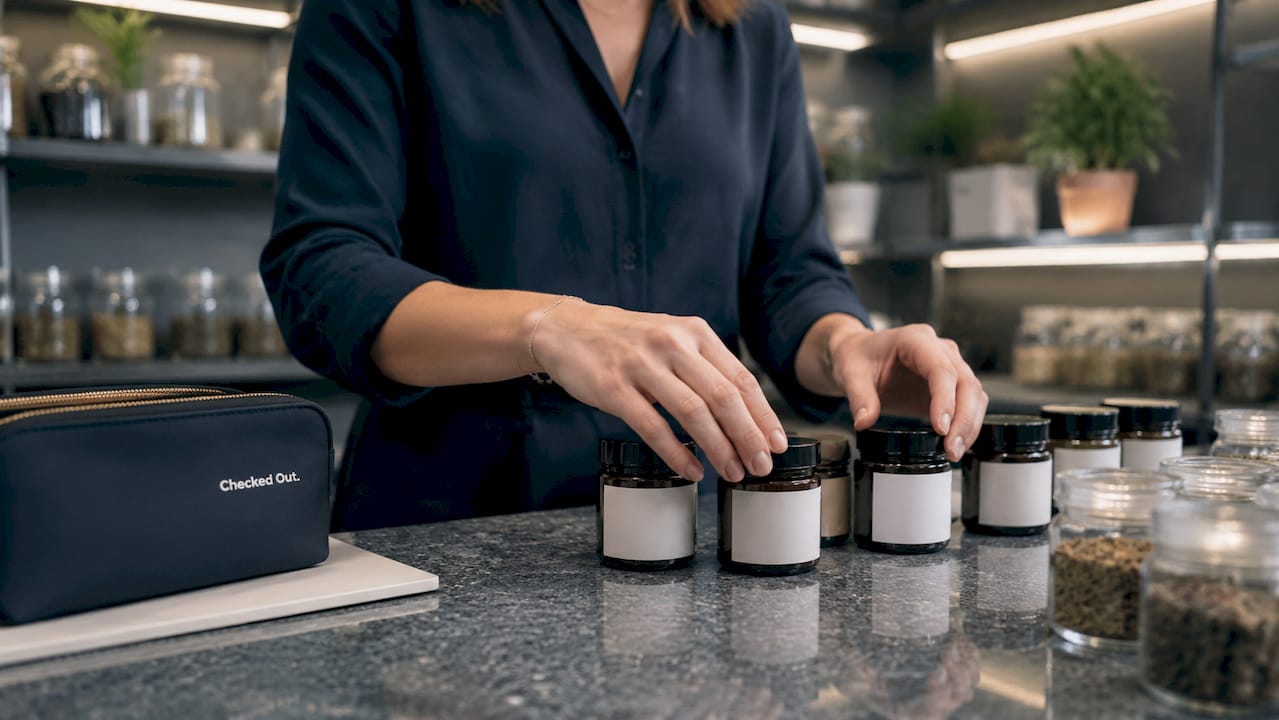 Hands arranging natural sleep aid bottles at pharmacy