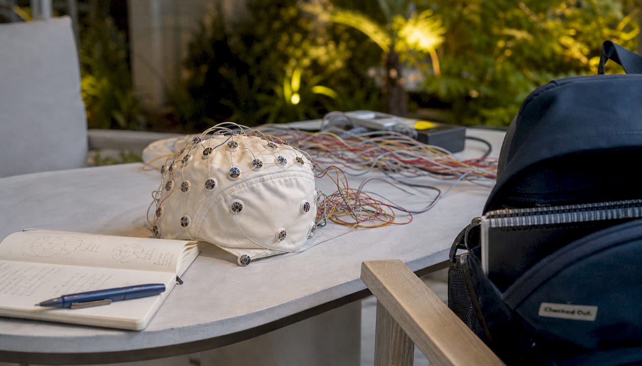 Close-up EEG cap and wires for sleep study