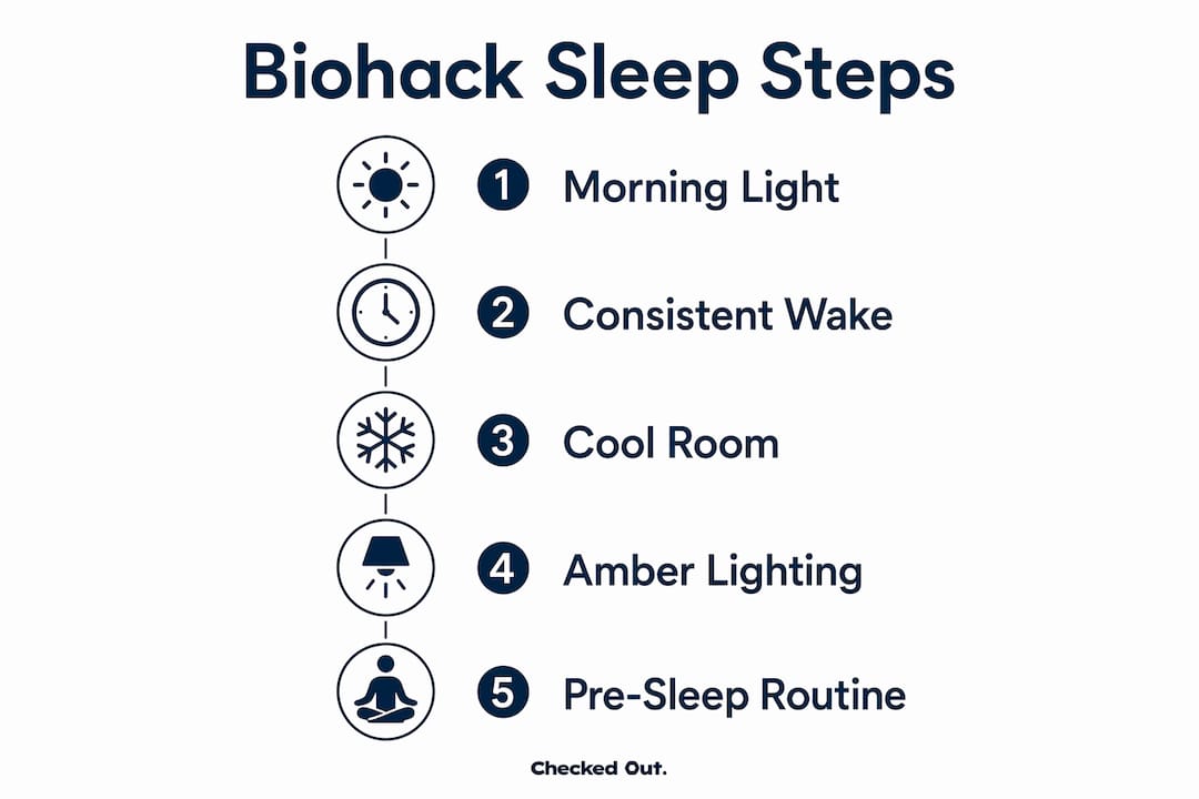 Infographic outlining key steps to biohack sleep