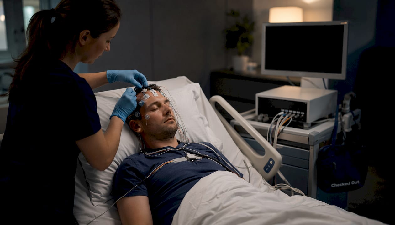 Sleep technician applying EEG electrodes