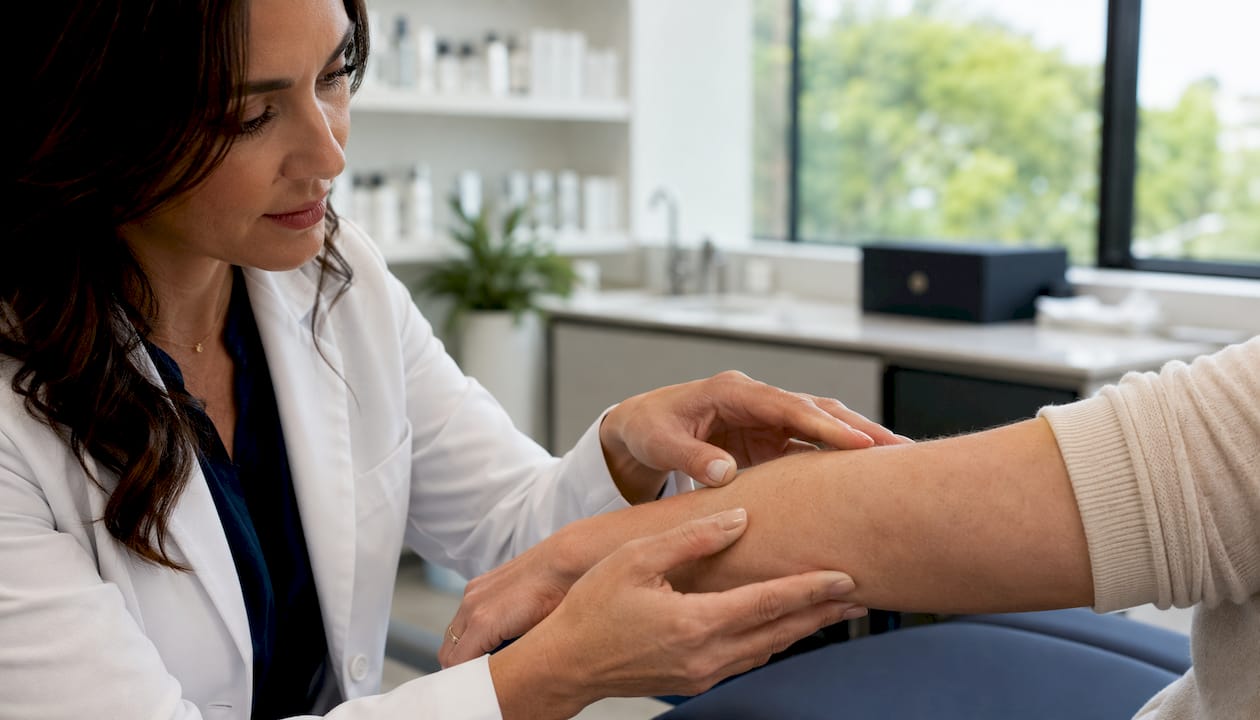 Close-up of skin surface with dermatologist's hand