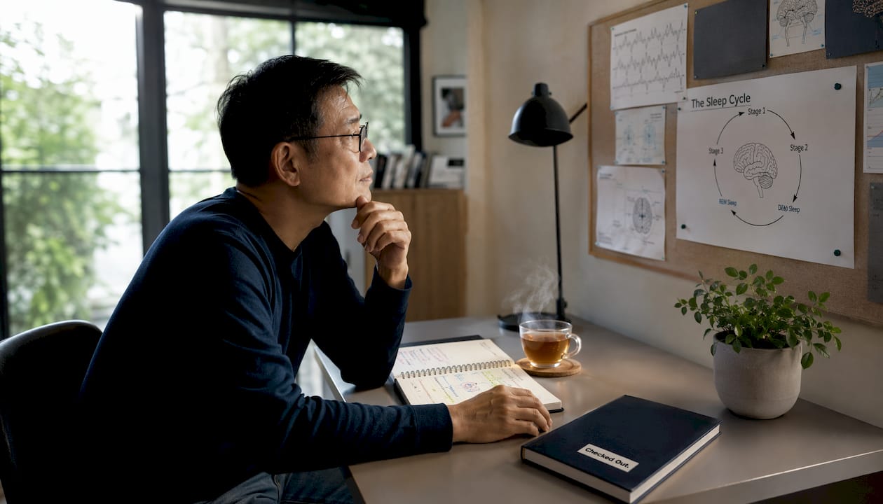 Man studying sleep cycle diagram at kitchen table