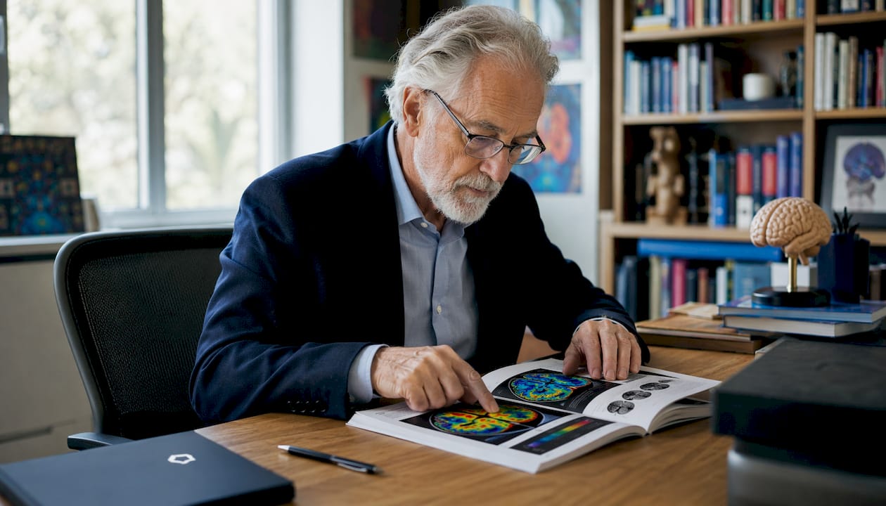 Scientist pointing at brain activity chart on tablet