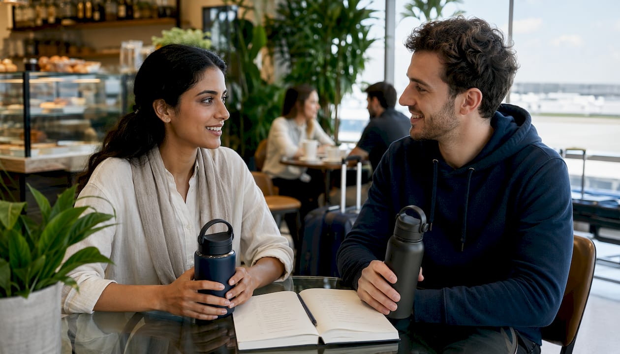 Couple discussing sleep hygiene in airport lounge