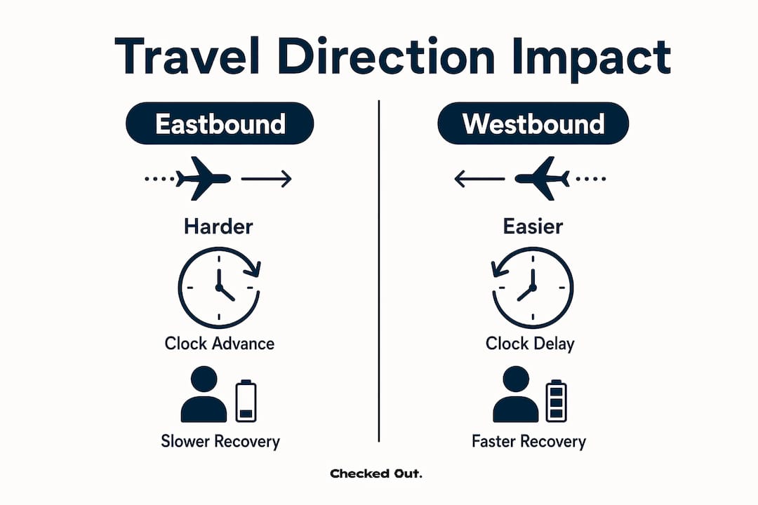 Infographic comparing eastbound and westbound travel effects on sleep