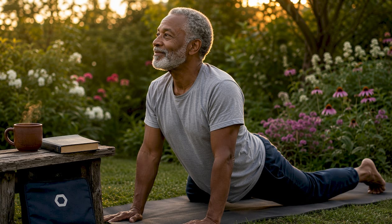 Elderly man stretching in backyard at sunrise