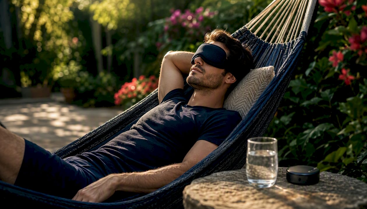 Man wearing blackout sleep mask peacefully