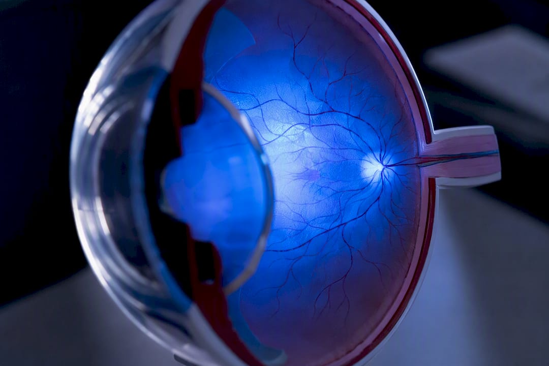 Close view of human eye retina with blue light effect