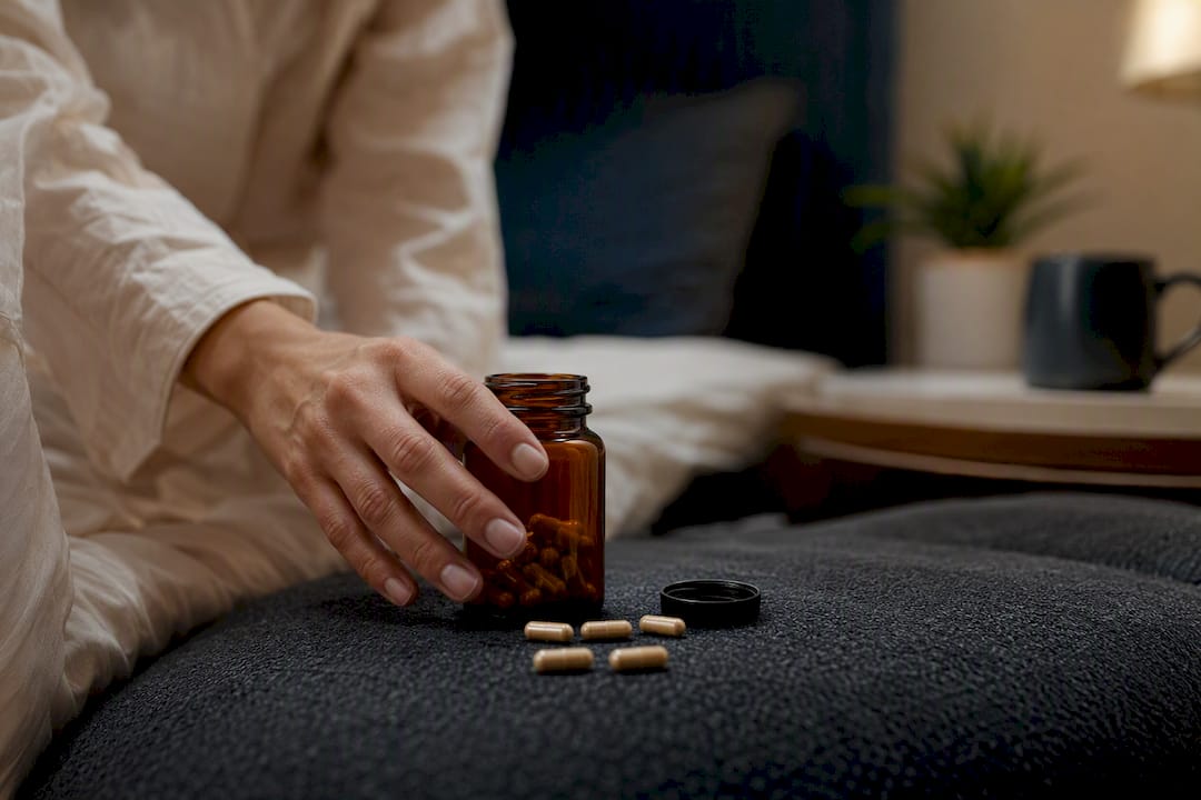 Hand reaching for magnesium supplement capsules