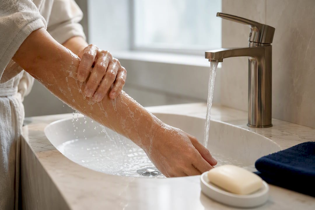 Forearm being washed before patch application
