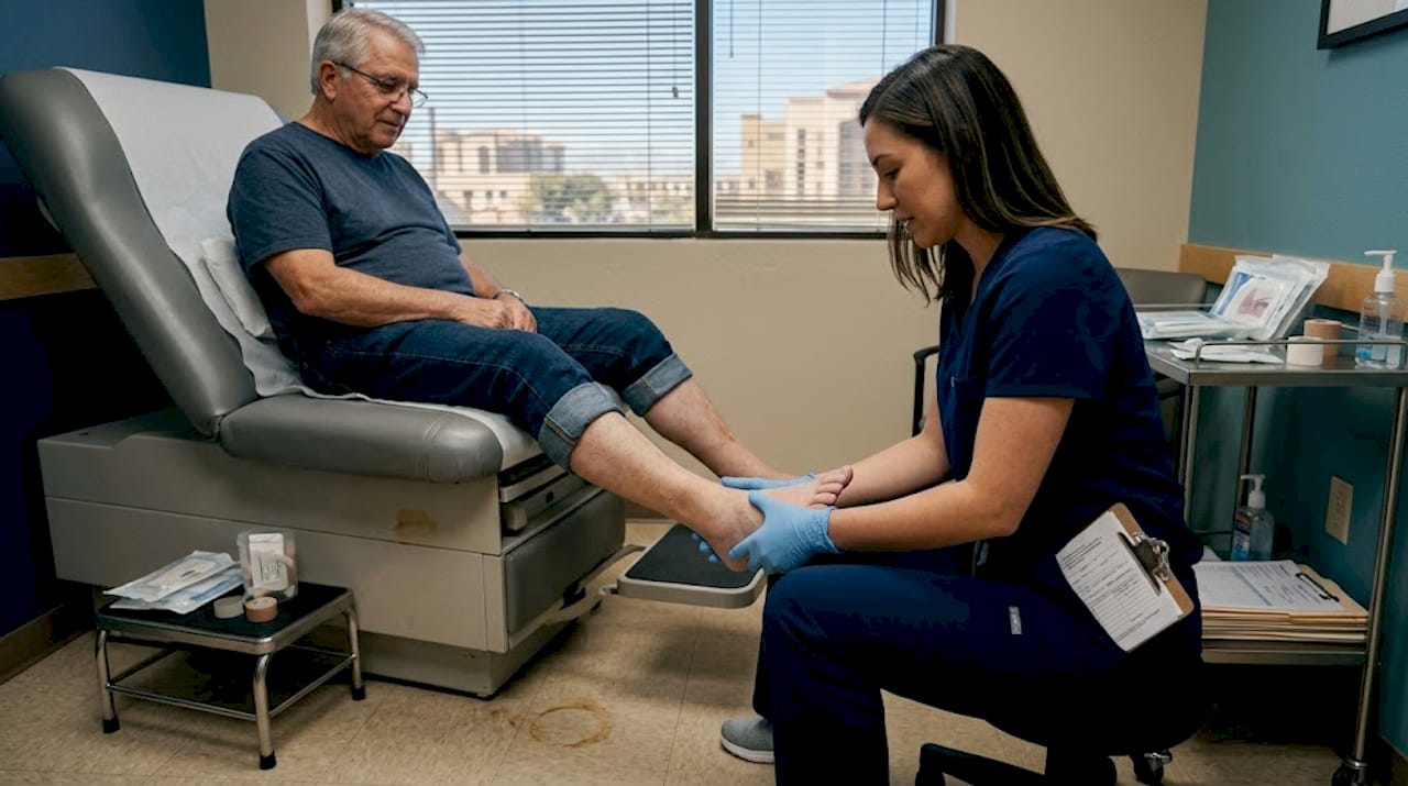 Podiatrist examining diabetic patient’s foot