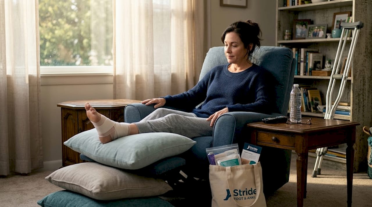Person recovering from foot surgery at home