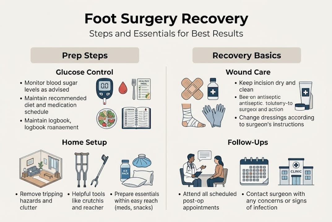 Infographic about foot surgery recovery steps and essentials