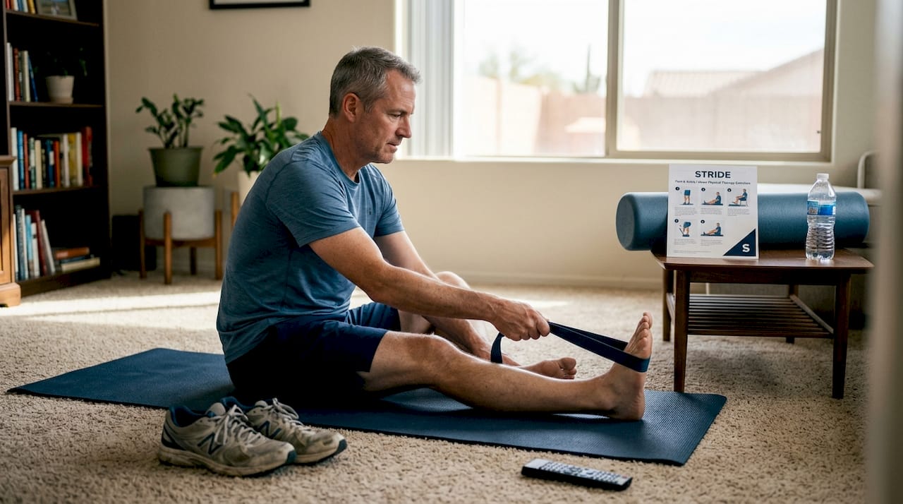 Man doing foot stretches in living room
