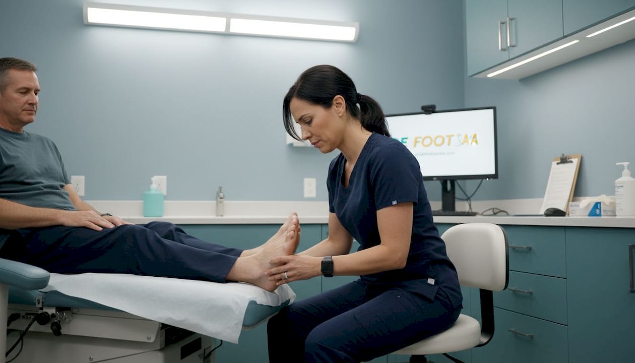 Podiatrist examines patient foot in clinic